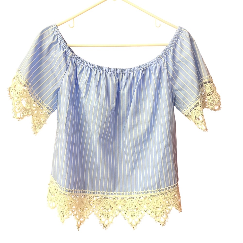 Ambiance Off Shoulder Top Womens Medium Blue Striped Fairy Lace Trim Blouse